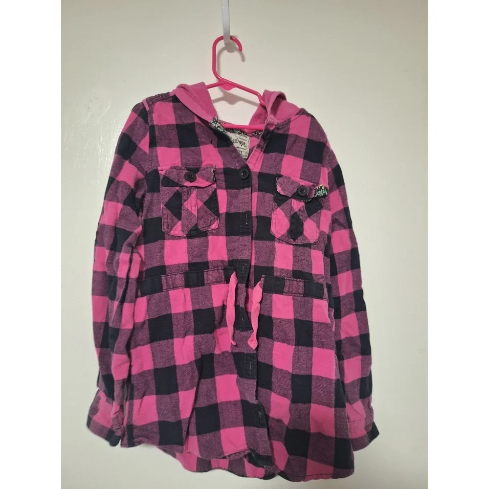 The Place Original 1989 Girls XL 14 Pink Black Plaid Hooded Flannel Shirt
